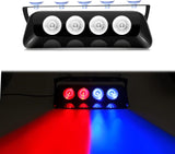 AutoBizarre 12V Car Dash Emergency Warning Strobe Red Blue Flasher Windshield Sucker 4 LED light With Multiple Flashing Modes For All Cars, Emergency Vehicles, etc.