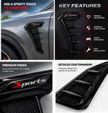 AutoBizarre Set of 2 Pcs Glossy Black Car Styling Decorative ABS Plastic Car Side Fender Vents Air Flow Duct Grill Sticker Shark Gill Air Outlet with Sports Sticker for All Cars