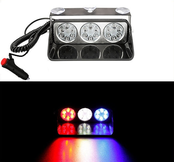 AutoBizarre 12V Car Dash Emergency Warning Strobe Red Blue White Flasher Windshield Sucker 18 LED light With Multiple Flashing Modes For All Cars, Emergency Vehicles, etc.
