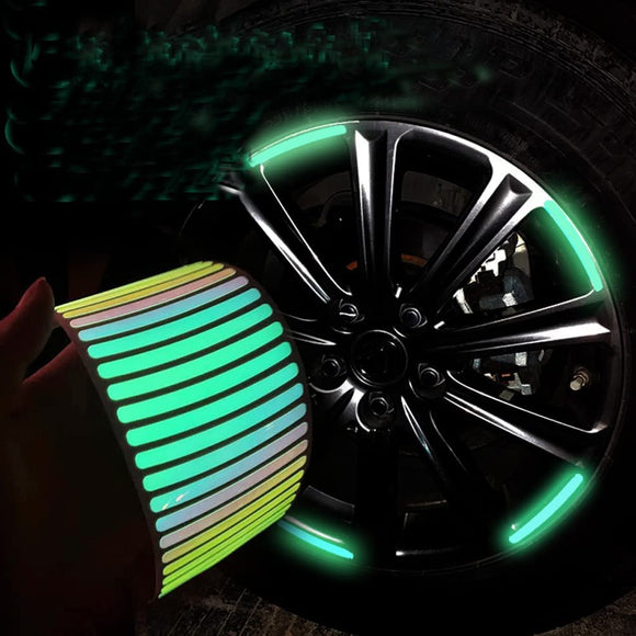 AutoBizarre 20pcs Holographic Luminous Anti-Collision Glow in the dark Wheel Rim Stickers Night Reflective Tape Warning Sticker for Decoration Universal for All Cars Bikes Motorcycles Bicycle Trucks