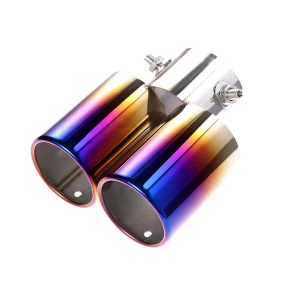 AutoBizarre Stainless Steel Burnt Blue Holographic Blue Round Shaped Dual Pipe Car Exhaust Tail Muffler Silencer Tip Car End Pipe Exhaust Show Pipe Universal for All Cars (Round Dual Pipe Straight)