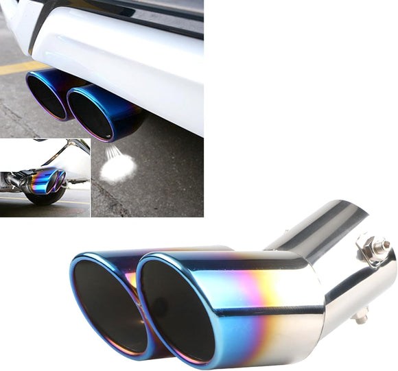 AutoBizarre Stainless Steel Burnt Blue Holographic Blue Round Shaped Dual Pipe Car Exhaust Tail Muffler Silencer Tip Car End Pipe Exhaust Show Pipe Universal for All Cars (Round Sloped Dual Pipe Curved Bent)