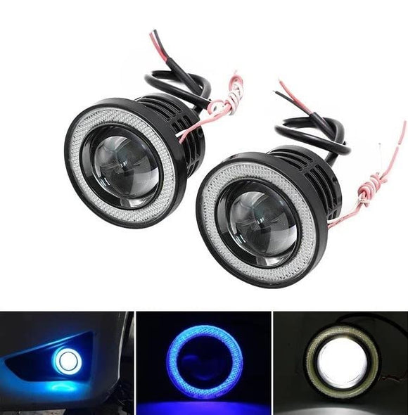 AutoBizarre Car Fog Lamp Blue Angel Eye LED DRL Projector Cob Light 89mm (3.5 inches Front , 2.5 inches Back) - Set of 2