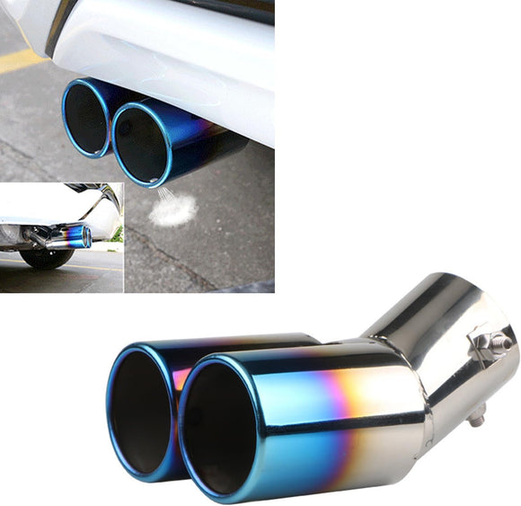 AutoBizarre Stainless Steel Burnt Blue Holographic Blue Round Shaped Dual Pipe Car Exhaust Tail Muffler Silencer Tip Car End Pipe Exhaust Show Pipe Universal for All Cars (Round Dual Pipe Curved Bent)