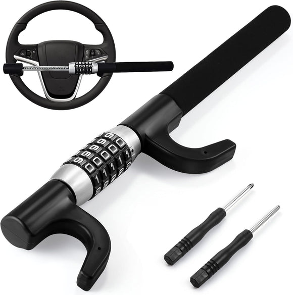Autobizarre Anti-Theft Heavy Duty 5-Digit Combination Car Steering Wheel Lock Extendable Retractable Keyless Password Code Steering Lock Universal for All Cars, Vans, SUVs, etc.
